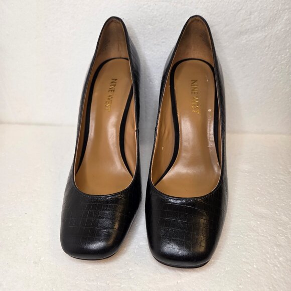 Nine West Begonia Women’s Black Leather Crocodile Block Heel Pumps Shoes - 6 - Picture 2 of 12